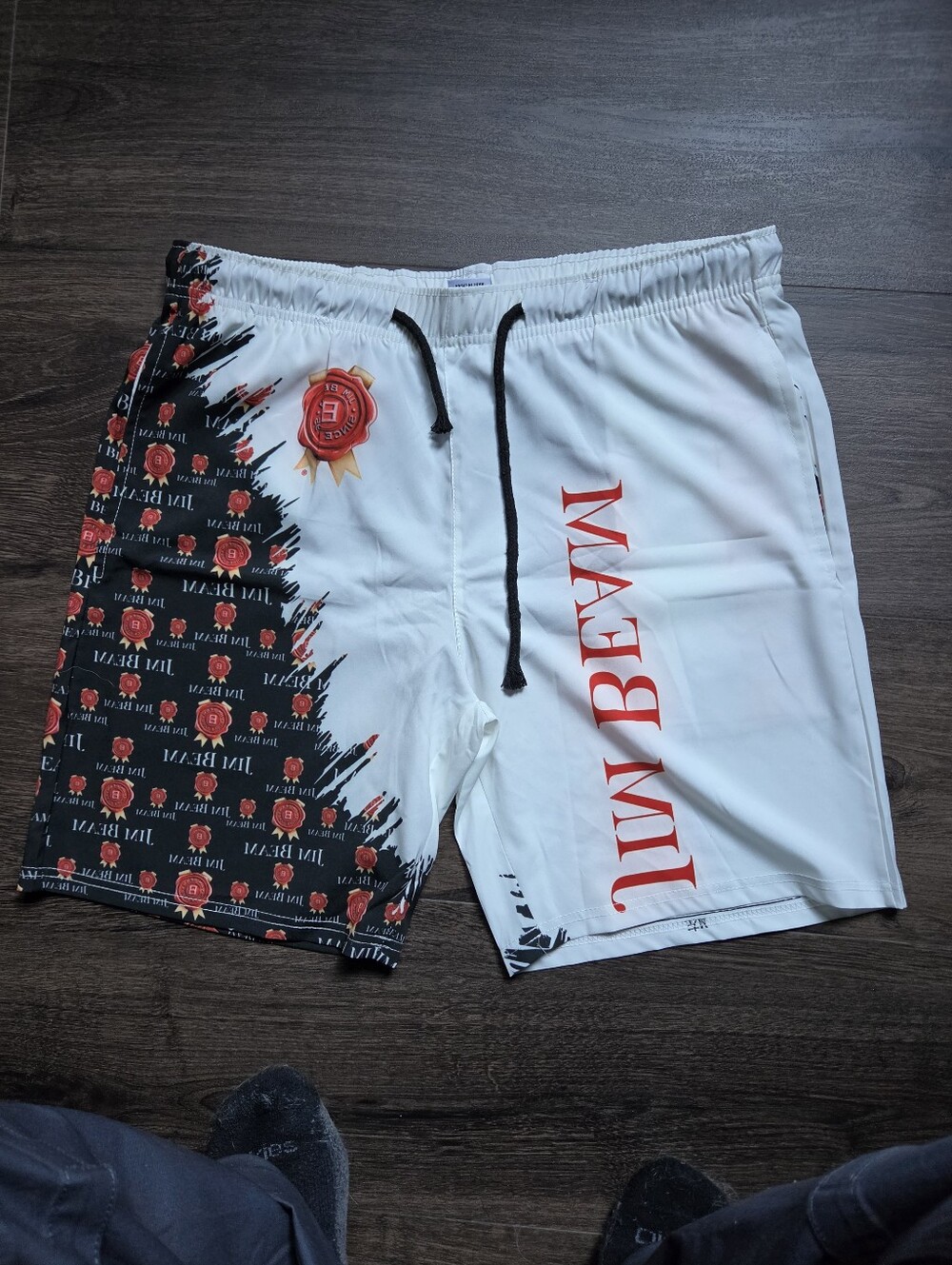 ​Jim Beam Mens Swim Trunks Board Shorts Size Medium White Black Red Graphic